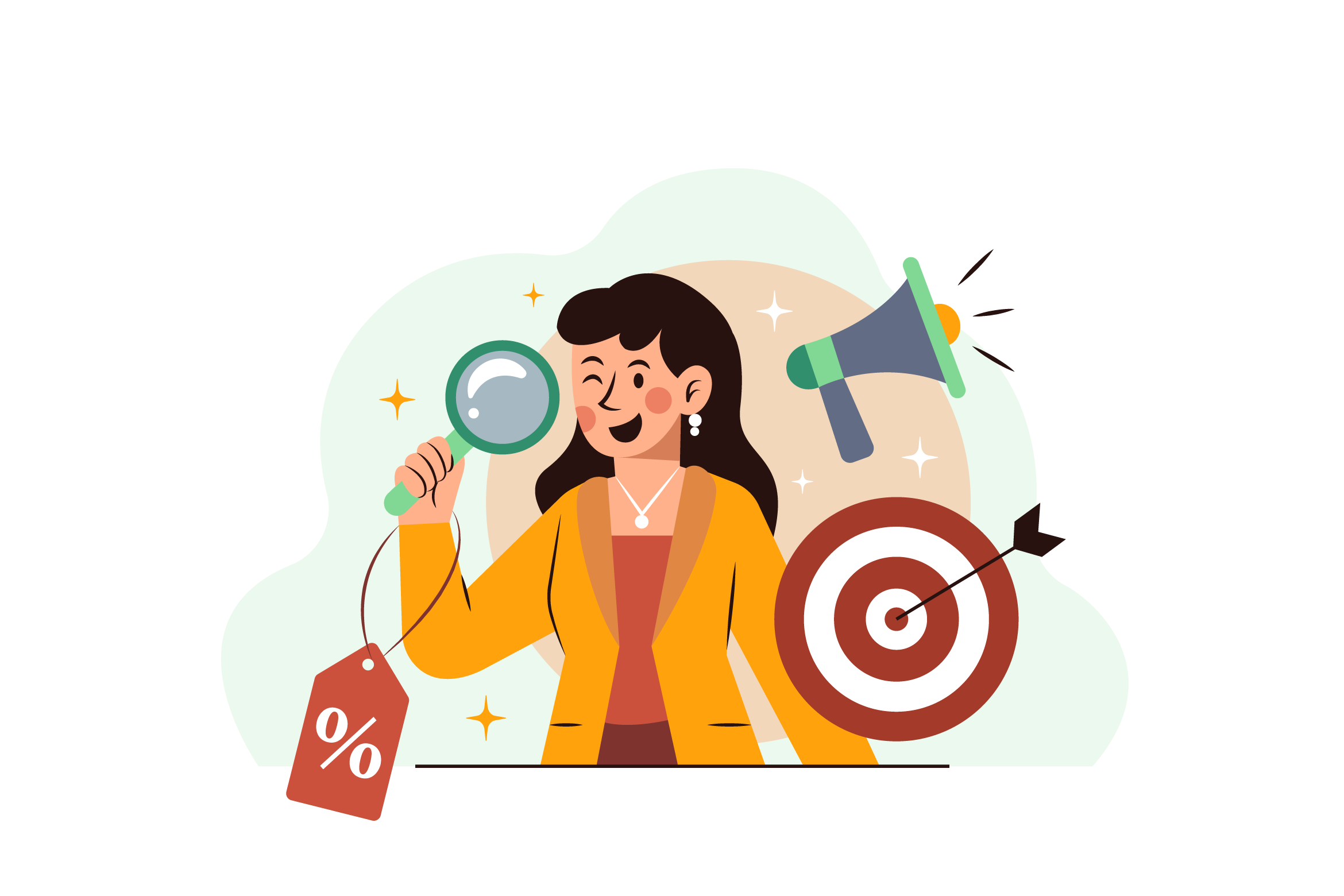 Illustration of a woman holding a magnifying glass and a percentage price tag beside a megaphone and a dartboard with an arrow in the bullseye
