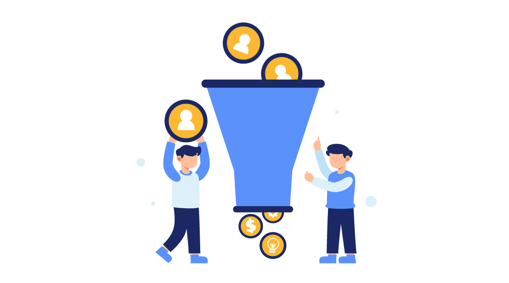 Illustration of two people feeding user icons into a large funnel that outputs coins and idea symbols