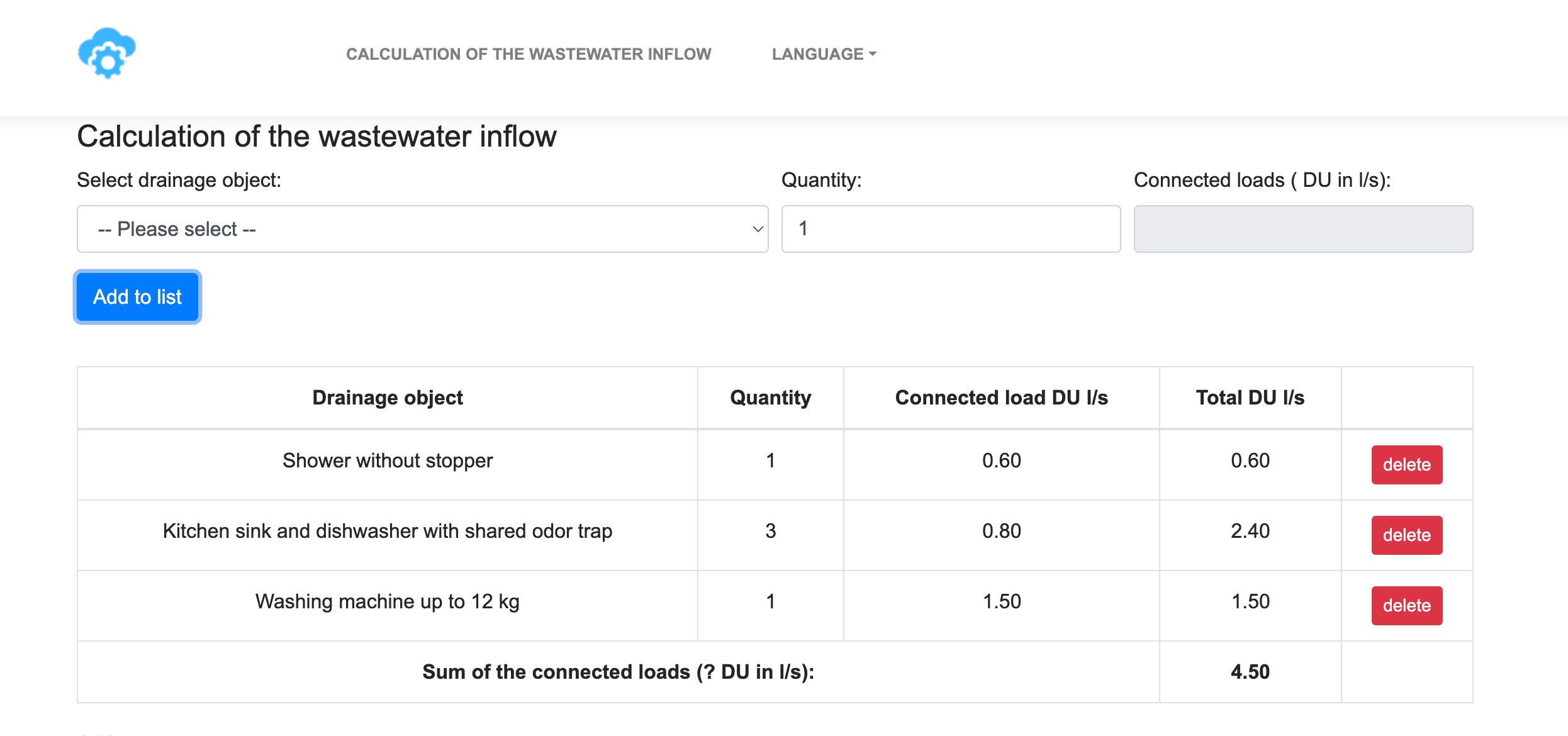 Screenshot of the wastewater inflow calculator