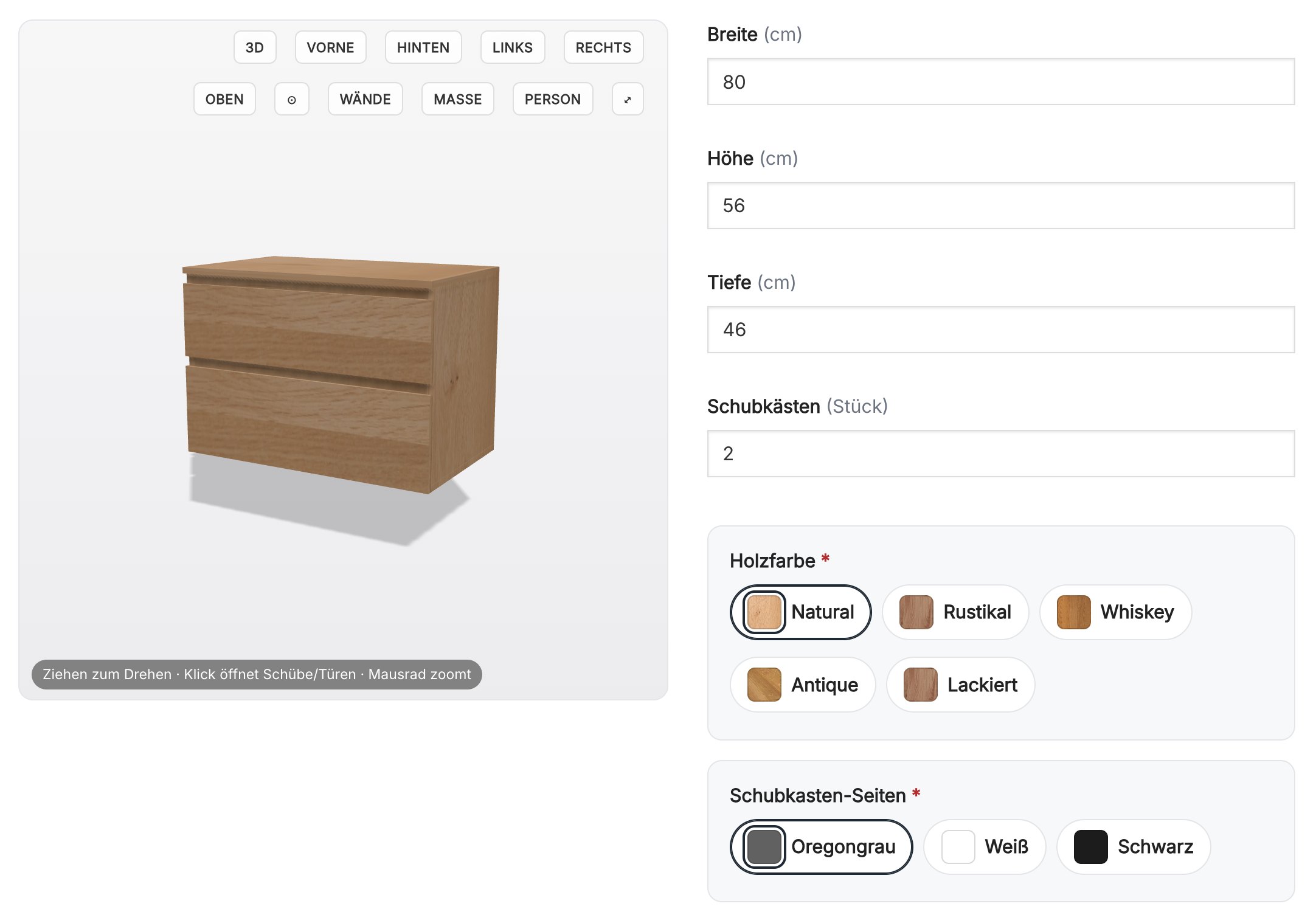 Screenshot of the 3D configurator for an oak vanity unit: a rotatable 3D model with view buttons on the left, fields for width, height, depth, drawers, wood colour and drawer sides on the right