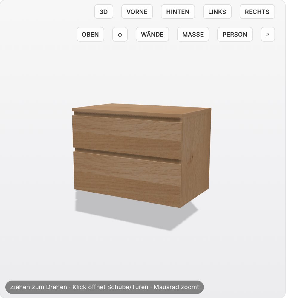 3D view of a solid oak vanity unit with two drawers and grip recesses, with buttons for front, back, side, top, walls, dimensions and person views