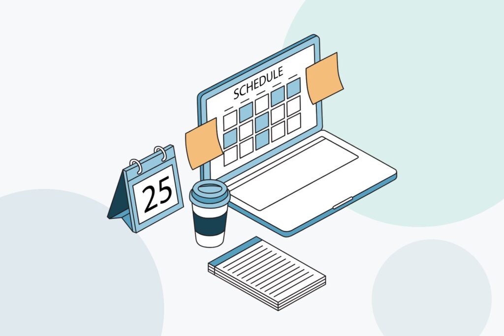 Isometric illustration of a laptop showing a schedule, with a calendar, sticky notes, a coffee cup and papers