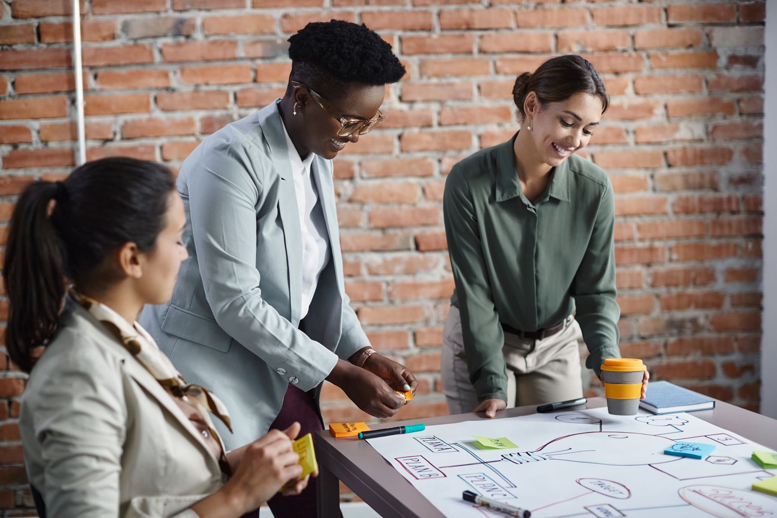A team of colleagues standing around a table, planning a process with notes and diagrams