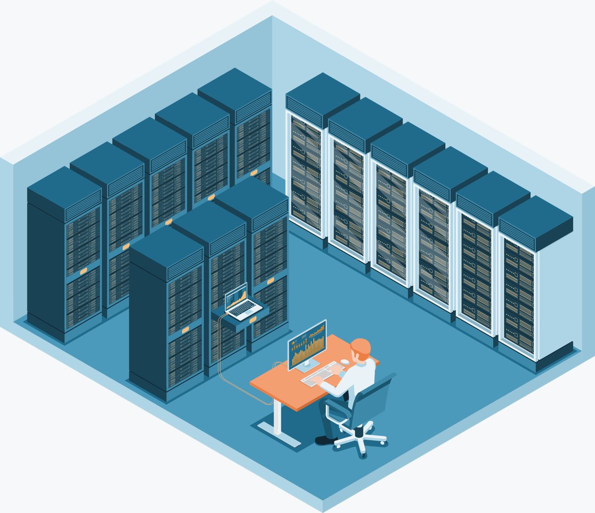 Isometric illustration of a server room with rows of racks and a person at a desk running diagnostics