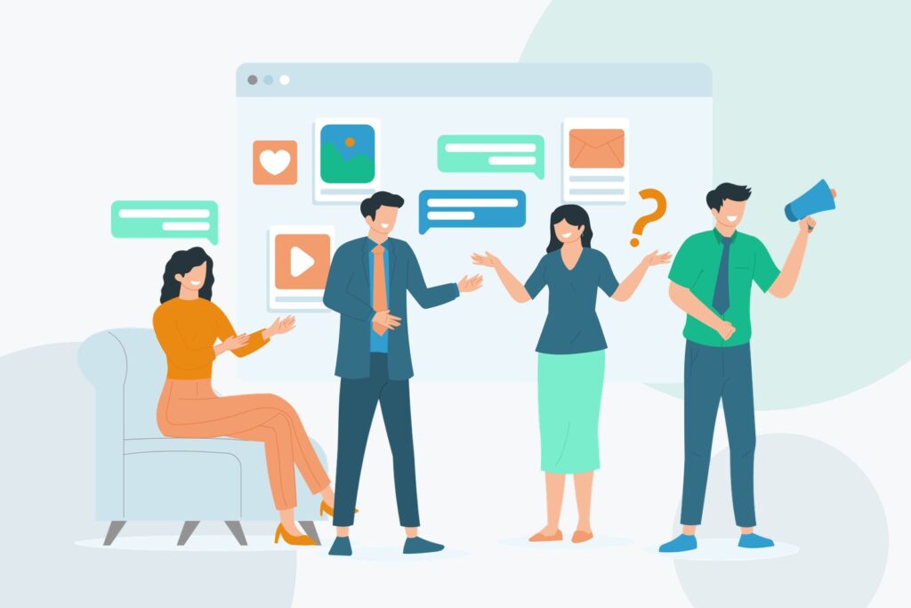 Flat illustration of a team meeting in front of a large screen with charts, speech bubbles and question marks