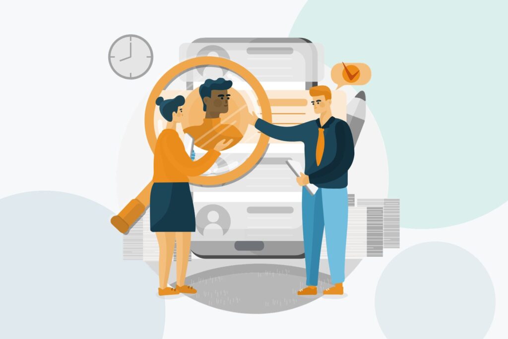 Flat illustration of two people shaking hands in front of a large profile card and a magnifying glass, with a clock in the background
