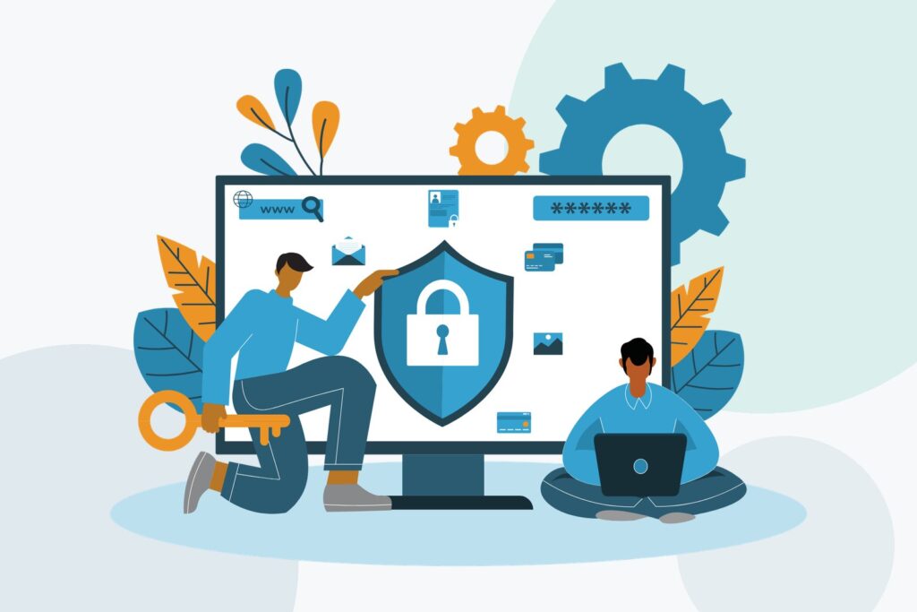 Flat illustration of two people working at a monitor with a large padlock, protected data and gears