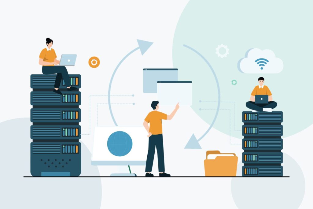 Flat illustration of people working on server stacks connected through a cloud, with a website on a monitor and sync arrows