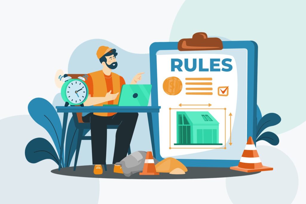 Flat illustration of a worker in a hard hat at a laptop next to a large clipboard titled RULES, with a clock, a price coin and traffic cones