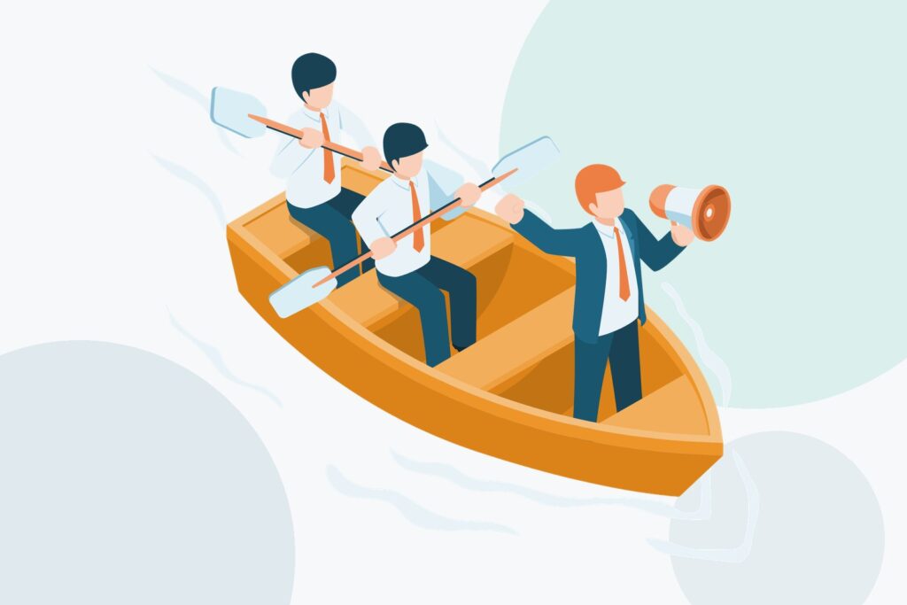 Isometric illustration of three business people rowing a boat together, one at the back calling out through a megaphone