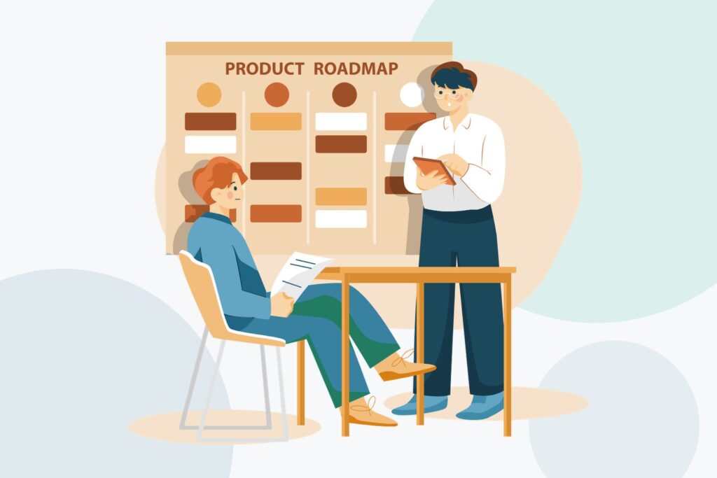 Flat illustration of two colleagues in front of a product roadmap board, one seated taking notes, one standing with a clipboard