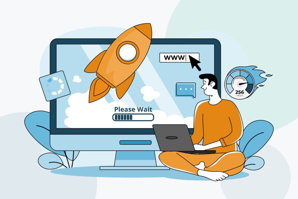Flat illustration of a man with a laptop in front of a large monitor showing Please Wait, a rocket launching from the screen and a speedometer