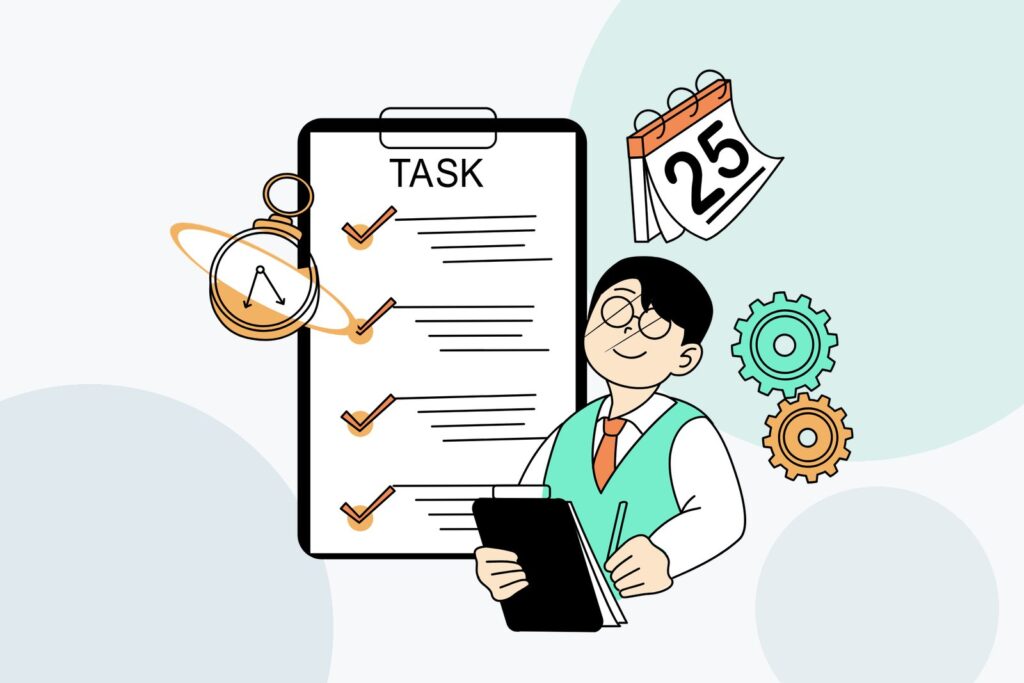 Flat illustration of a man with a tablet beside a large task checklist, a calendar showing 25 and gears