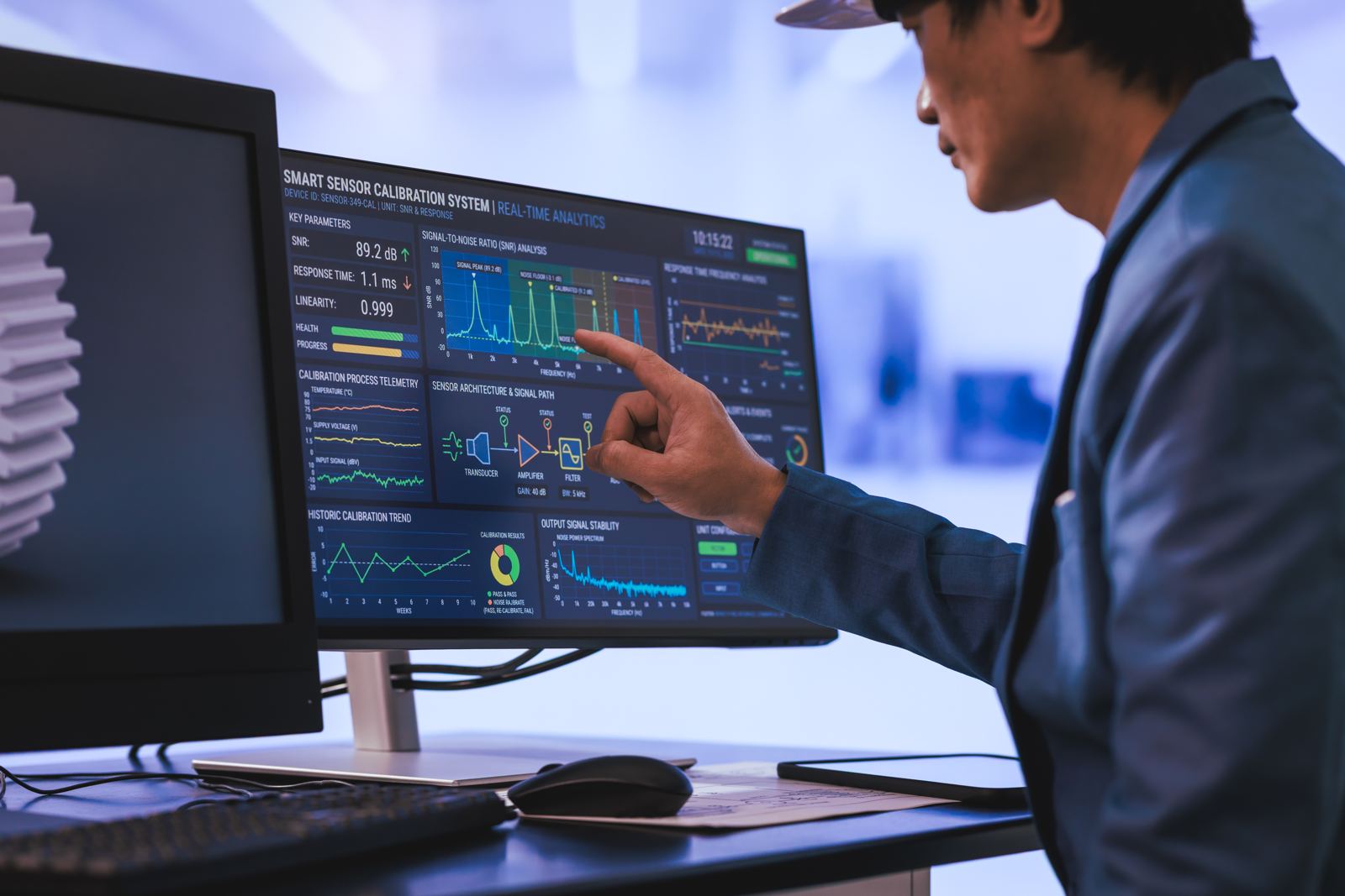 An engineer pointing at a real-time monitoring dashboard with charts and status values