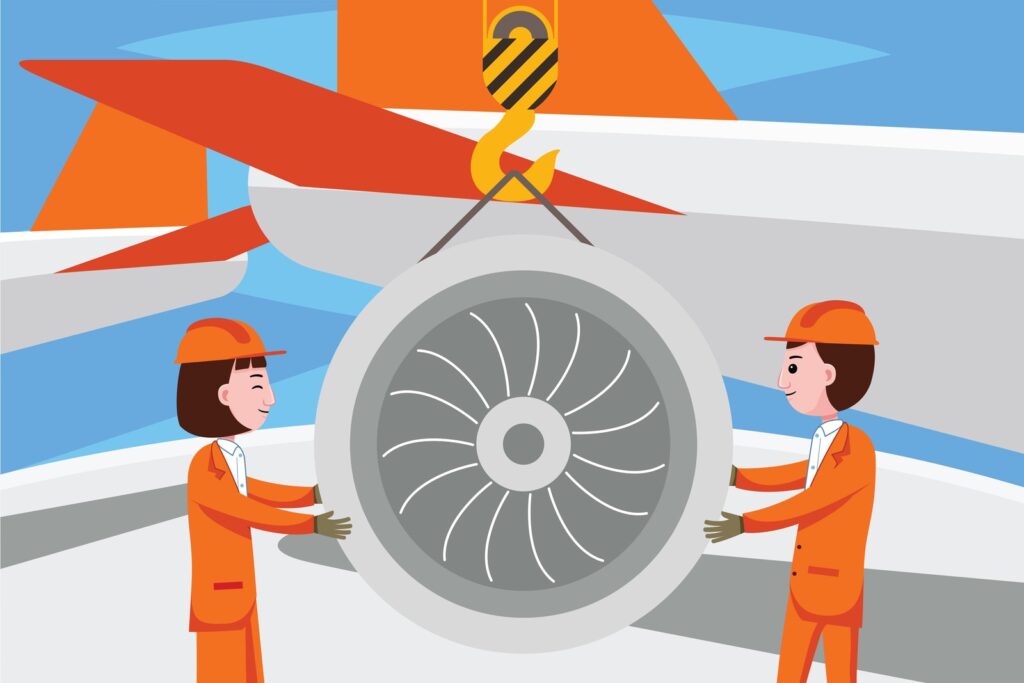 Flat illustration of two engineers in orange overalls fitting a jet engine to an aircraft wing, hanging from a crane hook