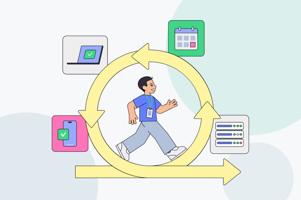 Flat illustration of a developer running inside a circular loop of arrows connecting app, calendar and data icons