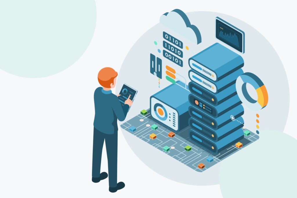 Isometric illustration of an engineer with a tablet in front of a stack of servers, a data cloud and charts, in blue, green and orange