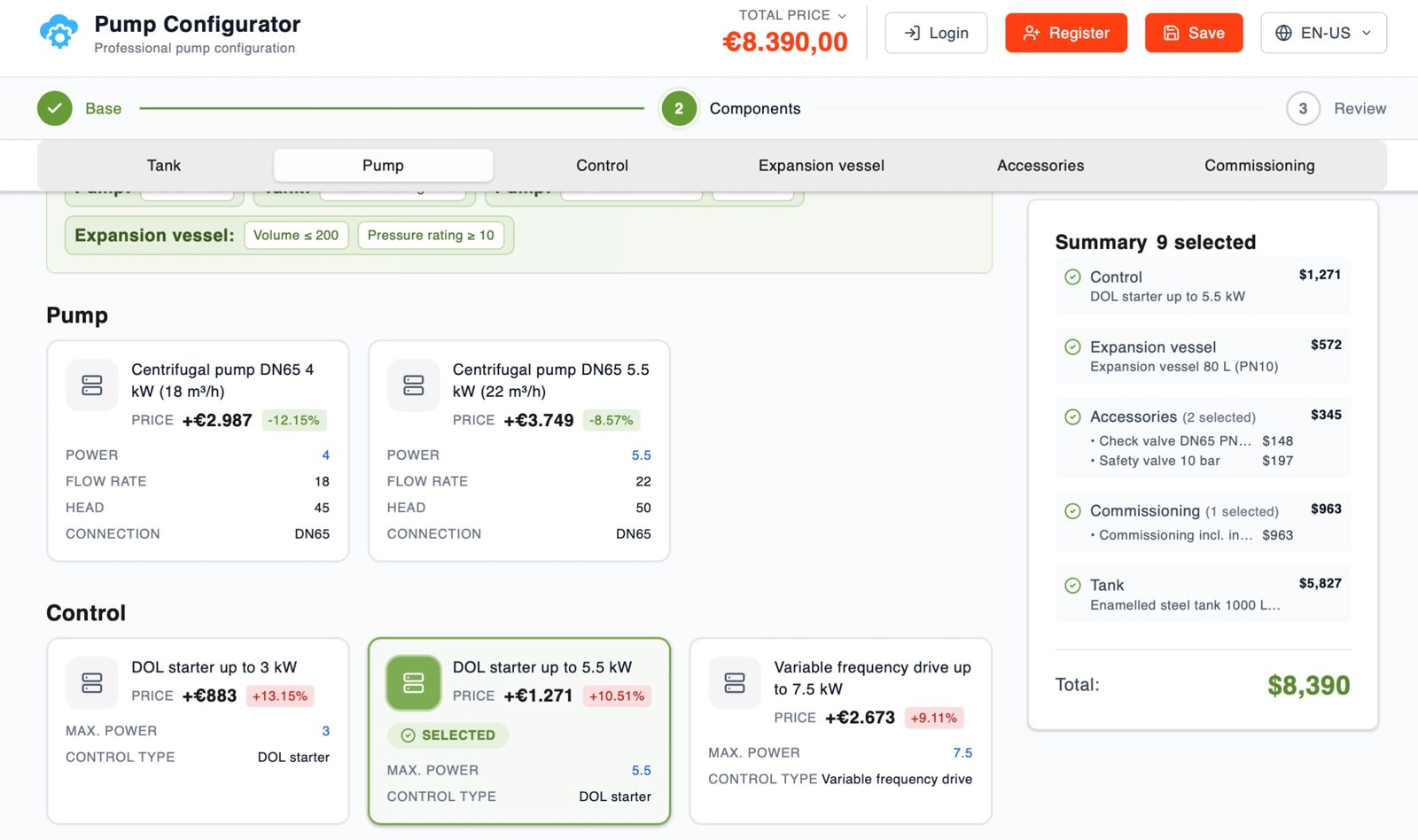 Screenshot of a pump configurator with components, prices and a summary