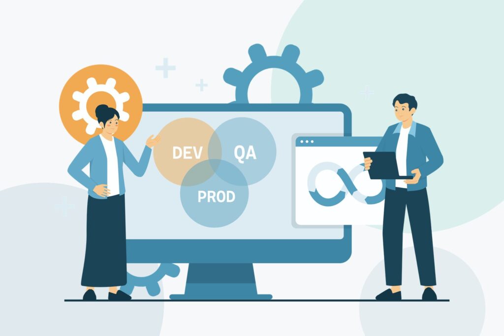 Flat illustration of two colleagues at a large monitor showing overlapping circles labelled DEV, QA and PROD, with gears and an infinity loop
