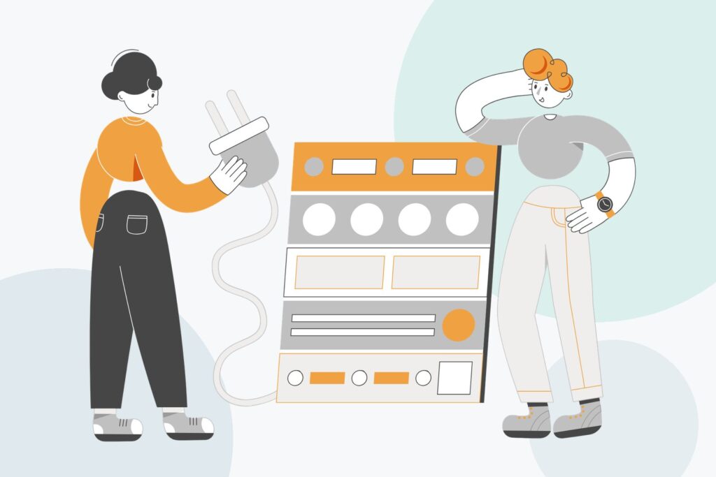 Flat illustration of two people plugging cables into a data server cabinet