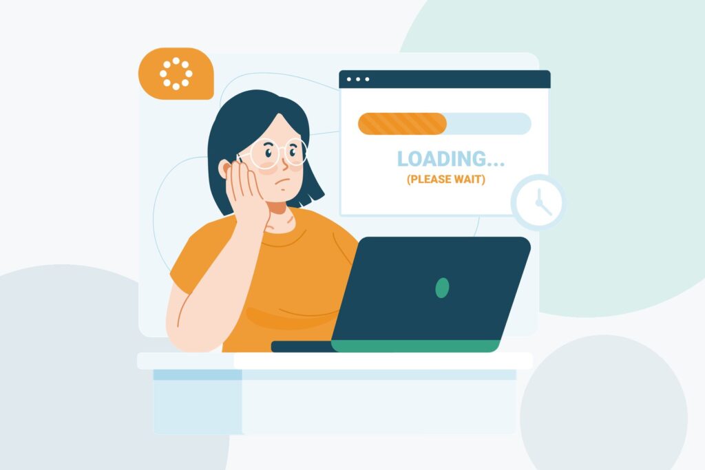 Flat illustration of a woman resting her head on her hand in front of a laptop showing a loading bar