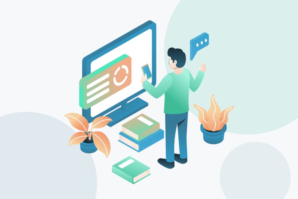 Isometric illustration of a person at a large monitor showing dashboards and charts, surrounded by plants and books