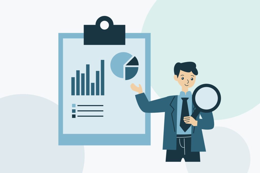 Flat illustration of a man with a magnifying glass presenting a clipboard with bar and pie charts, in blue tones