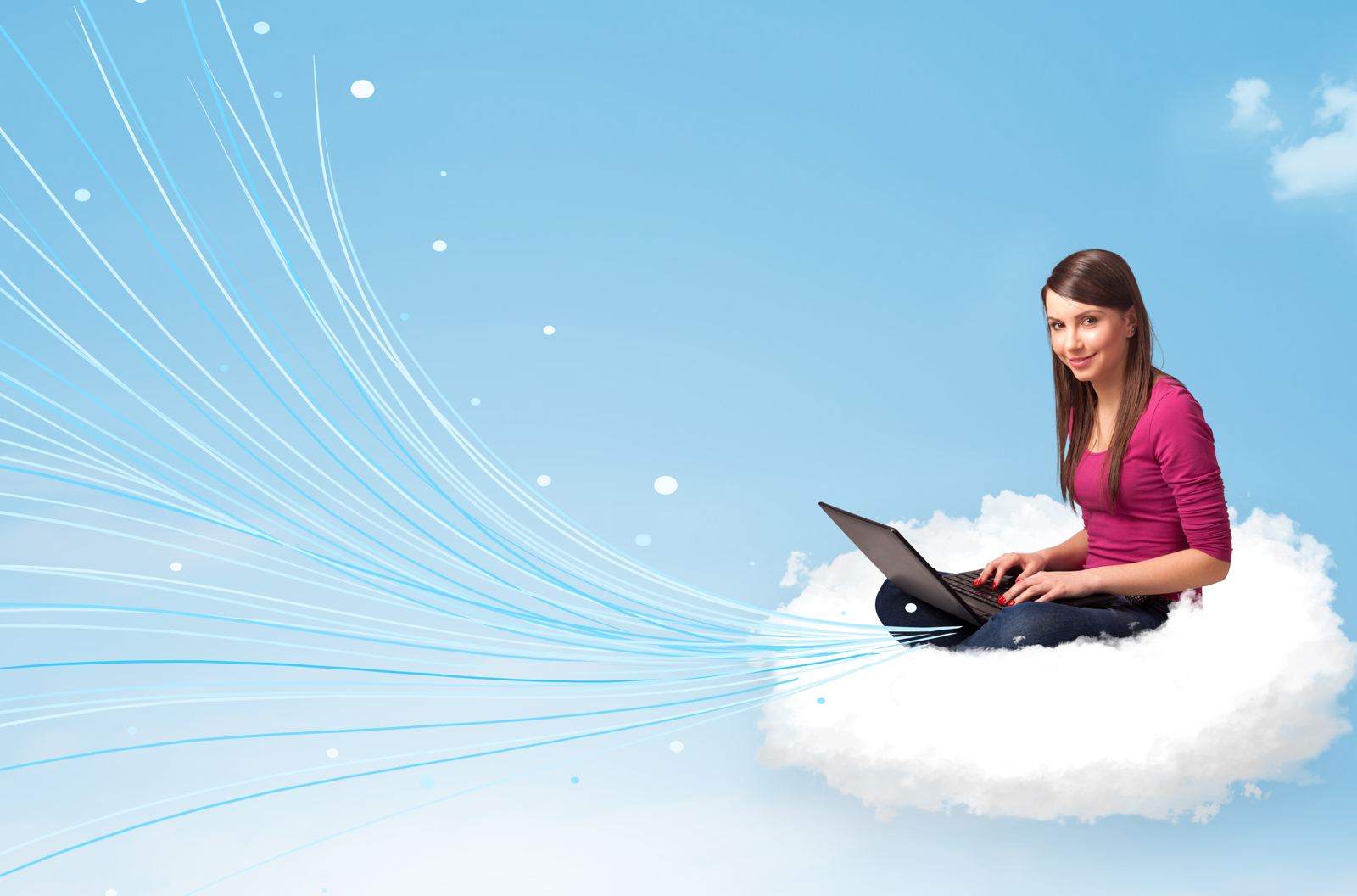 A woman sitting on a cloud working on a laptop, with streams of light flowing towards her